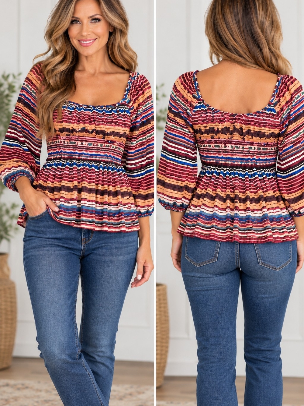 Zara Multicolor Striped Peplum Blouse - Red, Blue, Tan